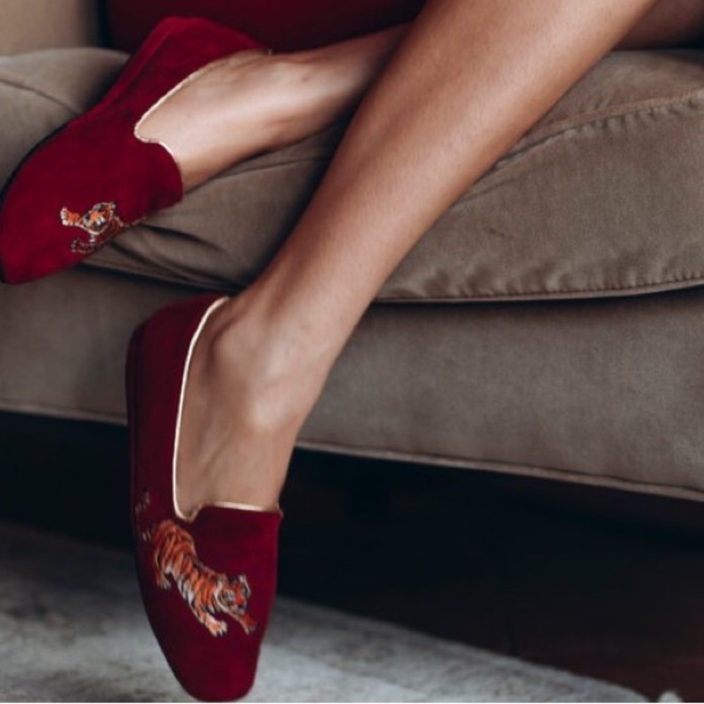 Sarah Flint Fireside House Shoe Red Suede Tiger Shearling-Lined 36 US6